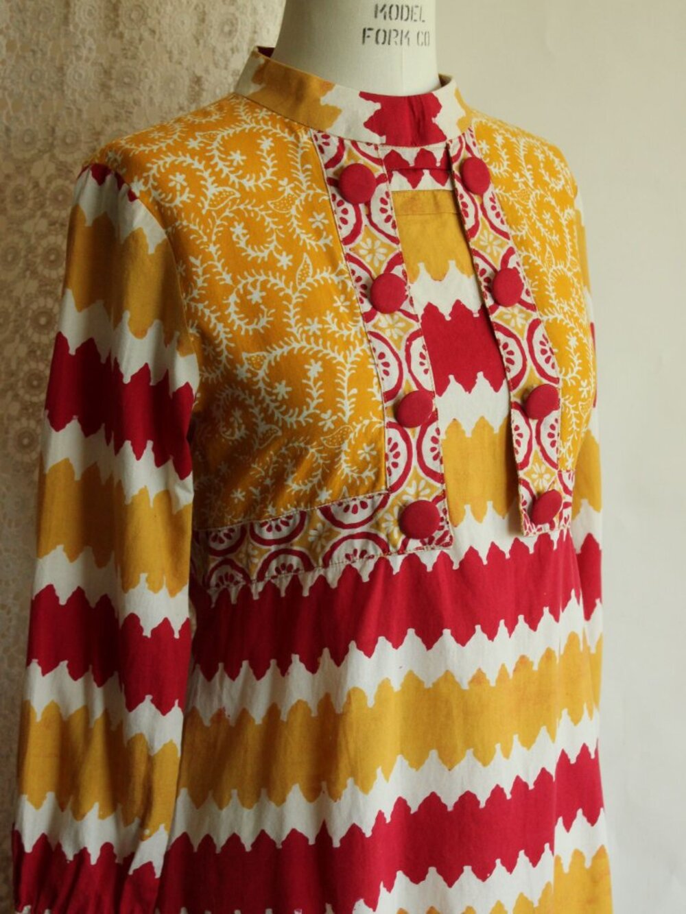Vintage 1990s Y2K Maxi Dress, Red and Yellow Cotton 1960s Inspired Boho Full Len - Picture 7 of 14
